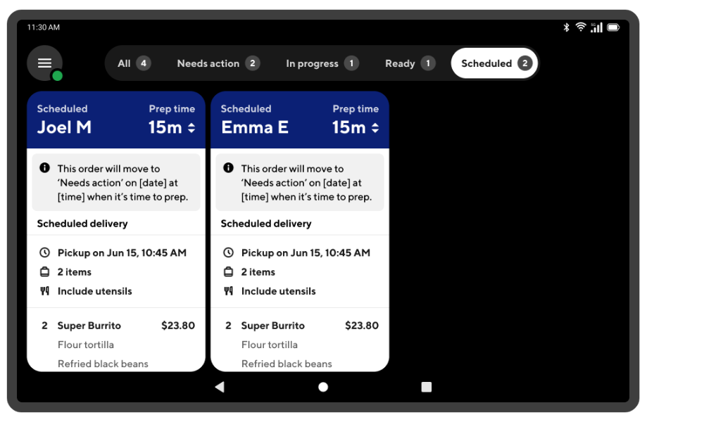 Mx Tablet: scheduled orders