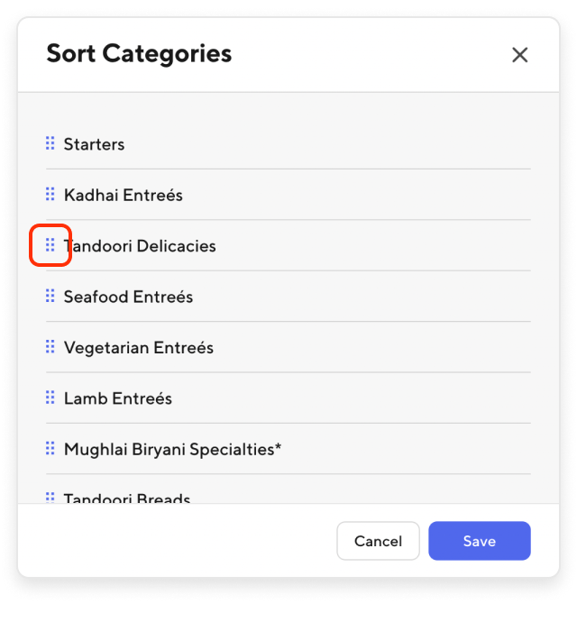 Merchant Portal - Sort Categories - Menu
