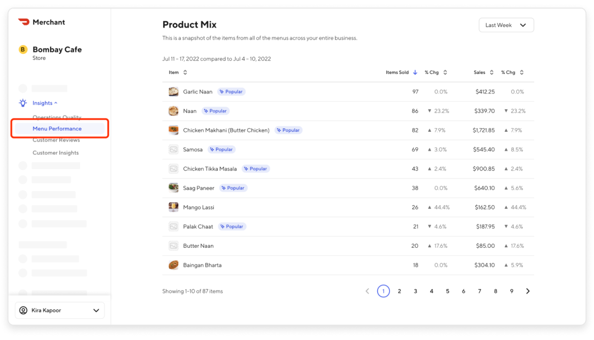 Merchant Portal - Menu Performance