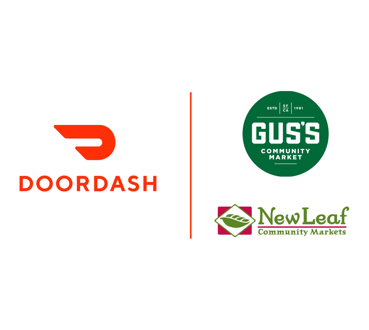 Logos from DoorDash, Gus's Community Market and New Leaf Community Markets.