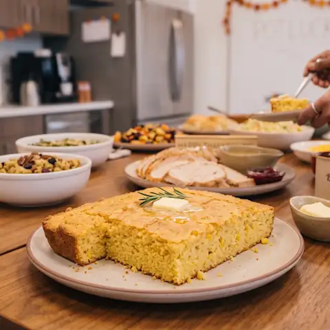 Cornbread served on a platter in the Thanksgiving potluck at the office