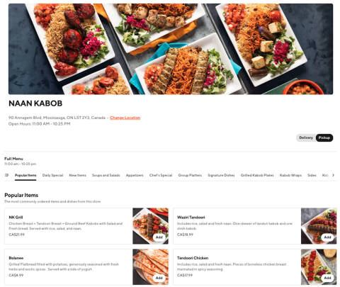 Staying true to its brand, DoorDash partner Naan & Kabob spotlights signature kabob platters in the header of their Storefront page. Hungry for more, customers can scroll down and place orders for a wide array of authentic Afghan dishes.
