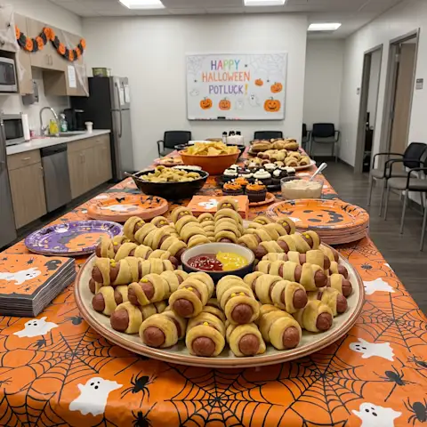 Halloween themed mummy dogs platter in the office