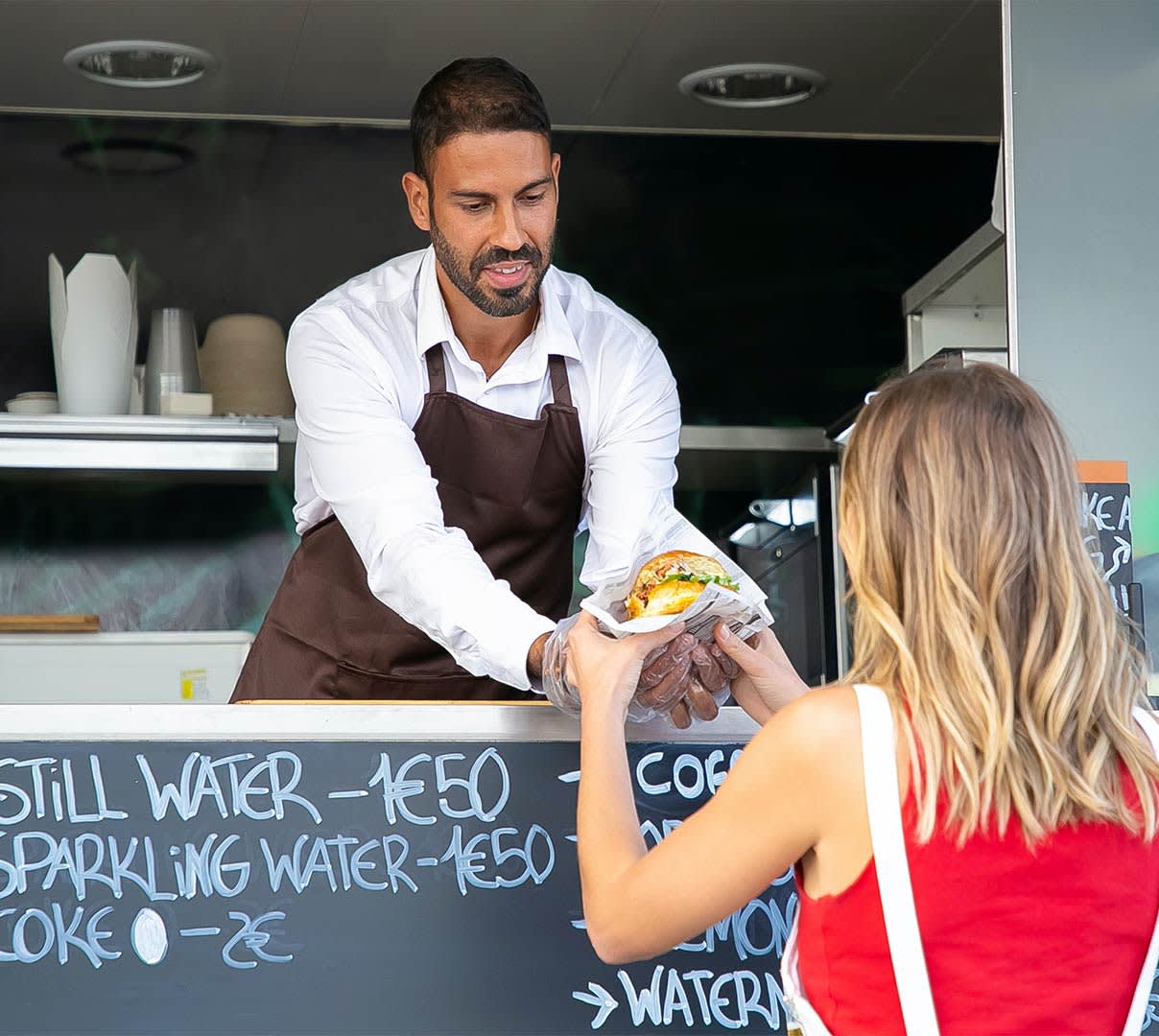 Mx Blog (US/CA/AU/NZ) - How To Create an Effective Food Truck Business Plan - Handing food to customer from food truck