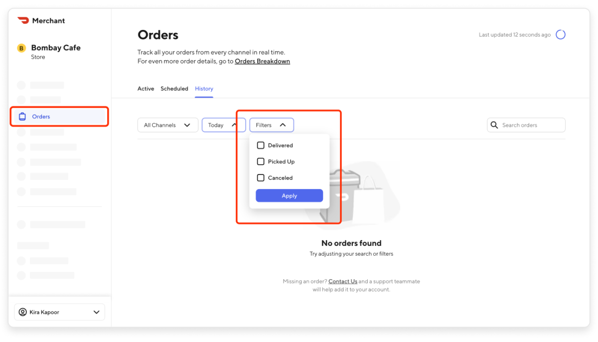 DoorDash Merchant Portal - Orders 