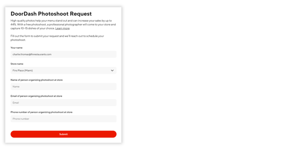 DoorDash Photoshoot Request Form 