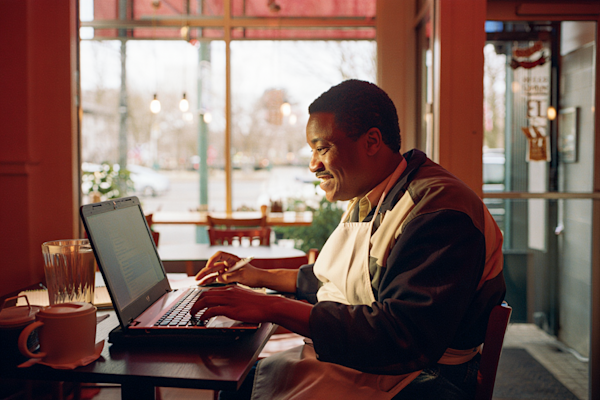Restaurant owner in an apron working on a laptop near a window with red awning