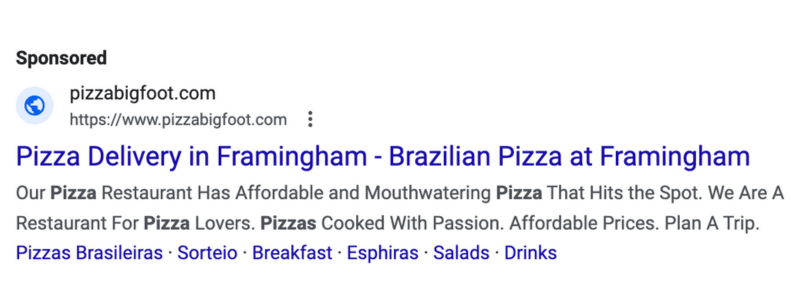 Bigfoot pizza sponsored ad on Google for delivery pizza