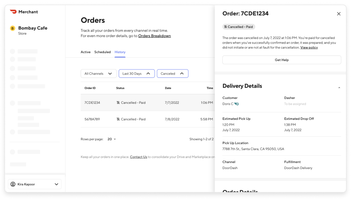 Merchant Portal - Order ID DoorDash