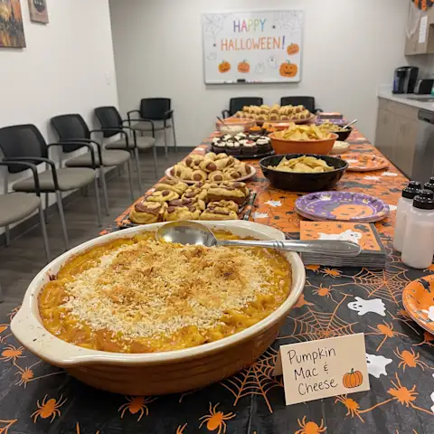 Halloween themed pumpkin mac and cheese at the office