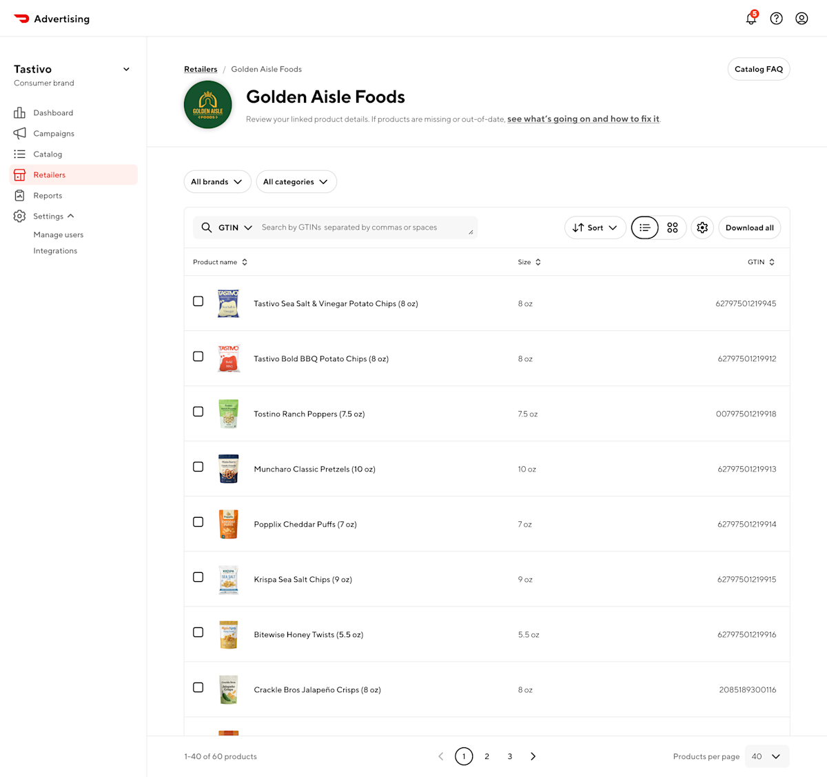 image shows individual retailer view in Catalog