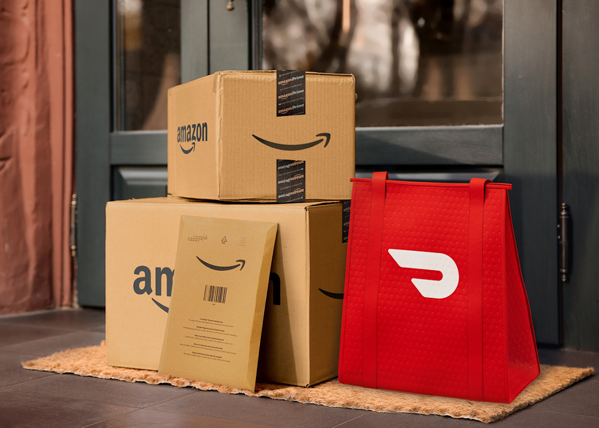 A DoorDash Hot Bag sits next to Amazon boxes. 