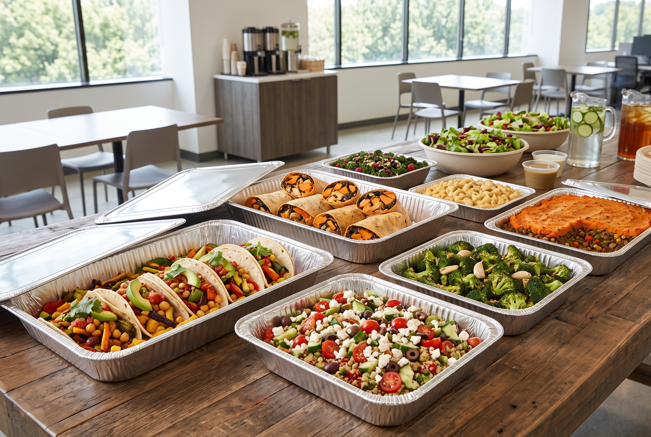 A table with vegetarian and vegan catering options.