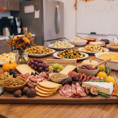 Fall themed charcuterie board for an office Thanksgiving potluck
