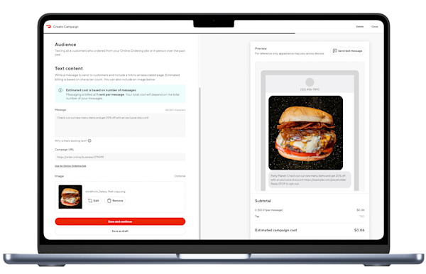Campaign Creation interface for SMS marketing in the DoorDash Merchant Portal.