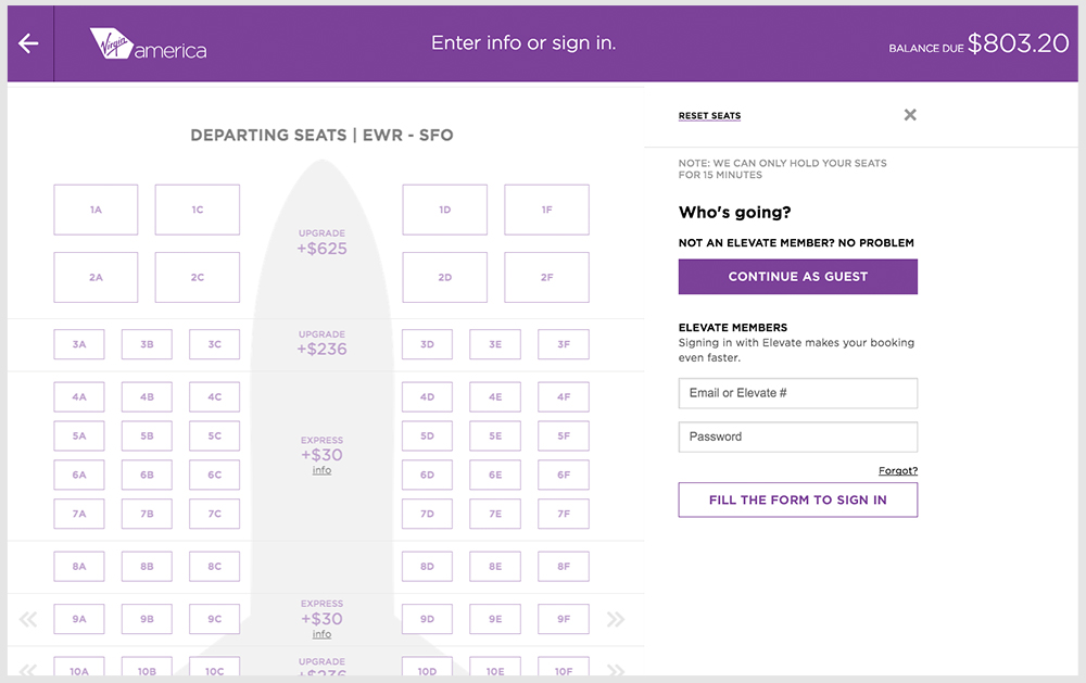 Virgin America Booking Process Enter Info or Sign In