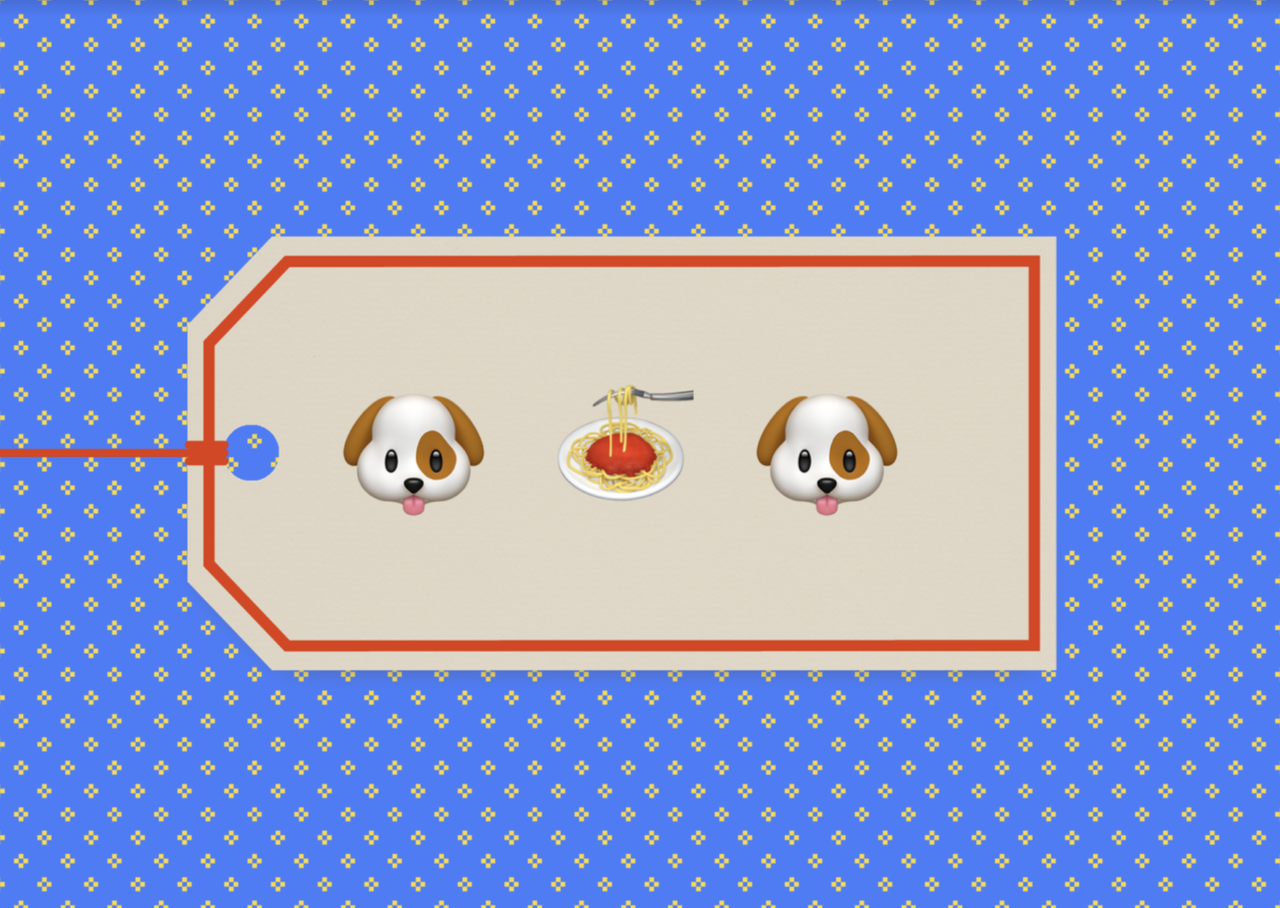 Christmas gift tag on a blue background with yellow dots. On the tag is a dog emoji, a plate of spaghetti emoji, and a dog emoji