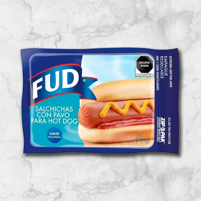 82408 WFMex Packaged SALCHICHA CON PAVO PARA HOT DOG 500gr FUD Acompañamientos