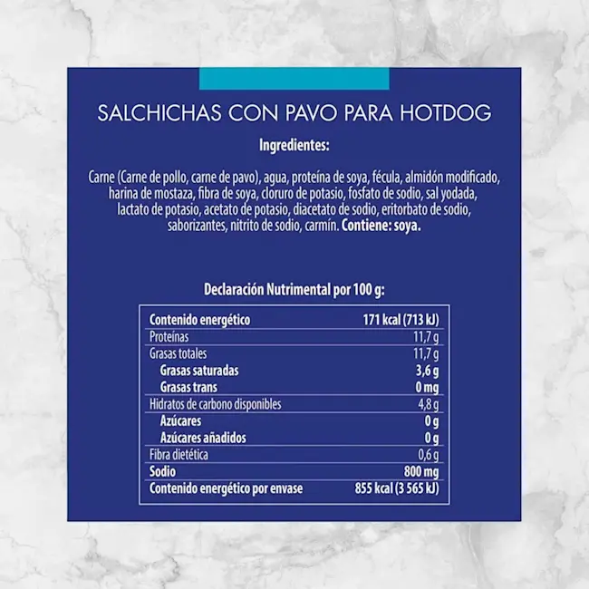 82408 SALCHICHA CON PAVO PARA HOT DOG 500gr FUD Info Nutrimental