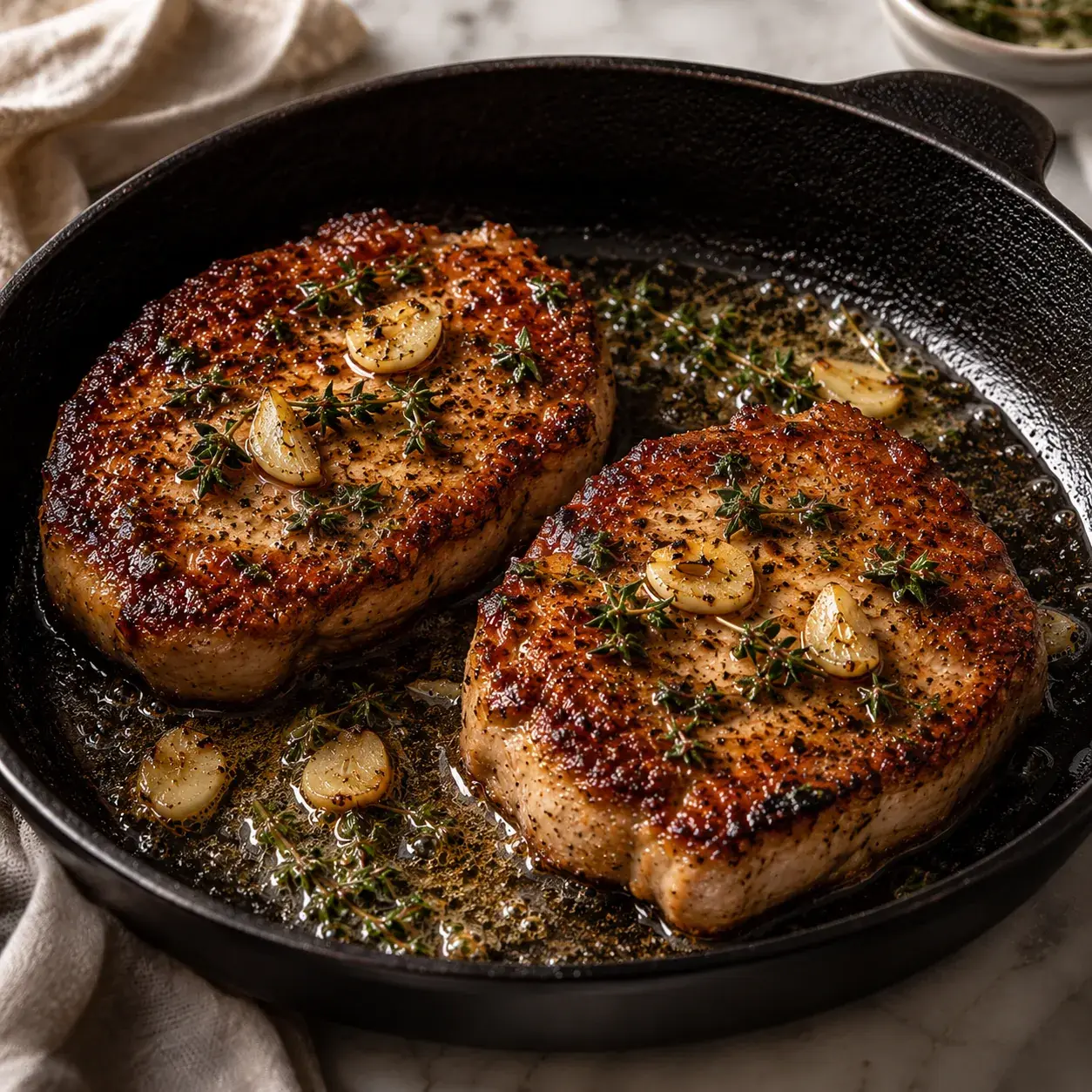 Pan-Seared Garlic & Herb NY Pork Chops with Butter Baste