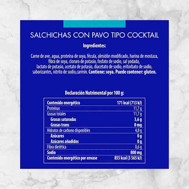 82407 SALCHICHA COCKTAIL DE PAVO FUD 500G Info Nutrimental