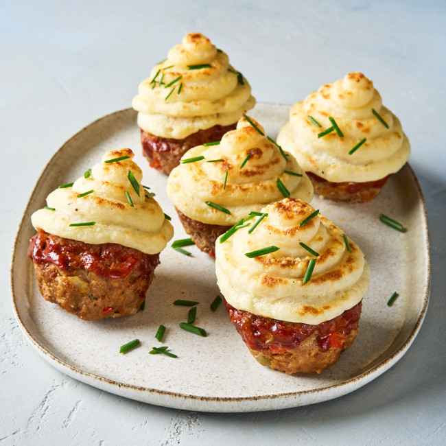 2603 WF PLATED Meatloaf Cupcakes with Mashed Potato Icing Specialty Meats