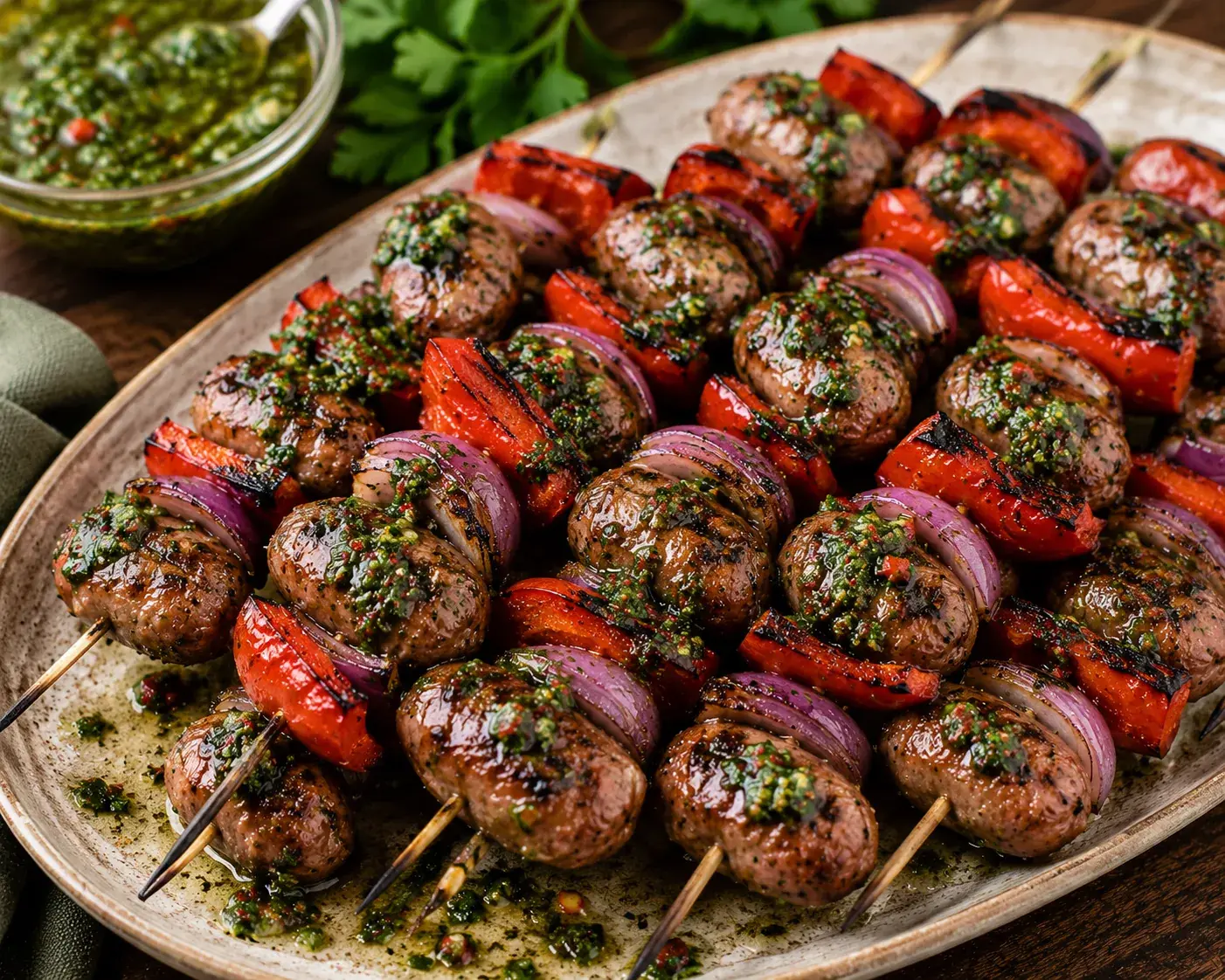 Grilled Chimichurri Bombón Sausage Skewers
