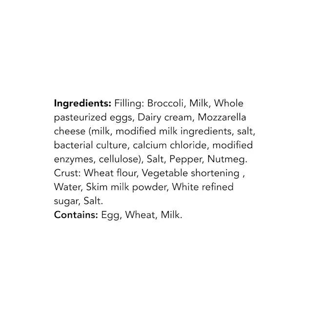 WFC 2561 ValueAdded Quiche Broccoli Cheddar 8in Ingredients