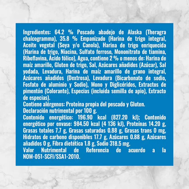 81937 BARRITAS EMPANIZADAS DE PESCADO BLANCO DE ALASKA Info Nutrimental