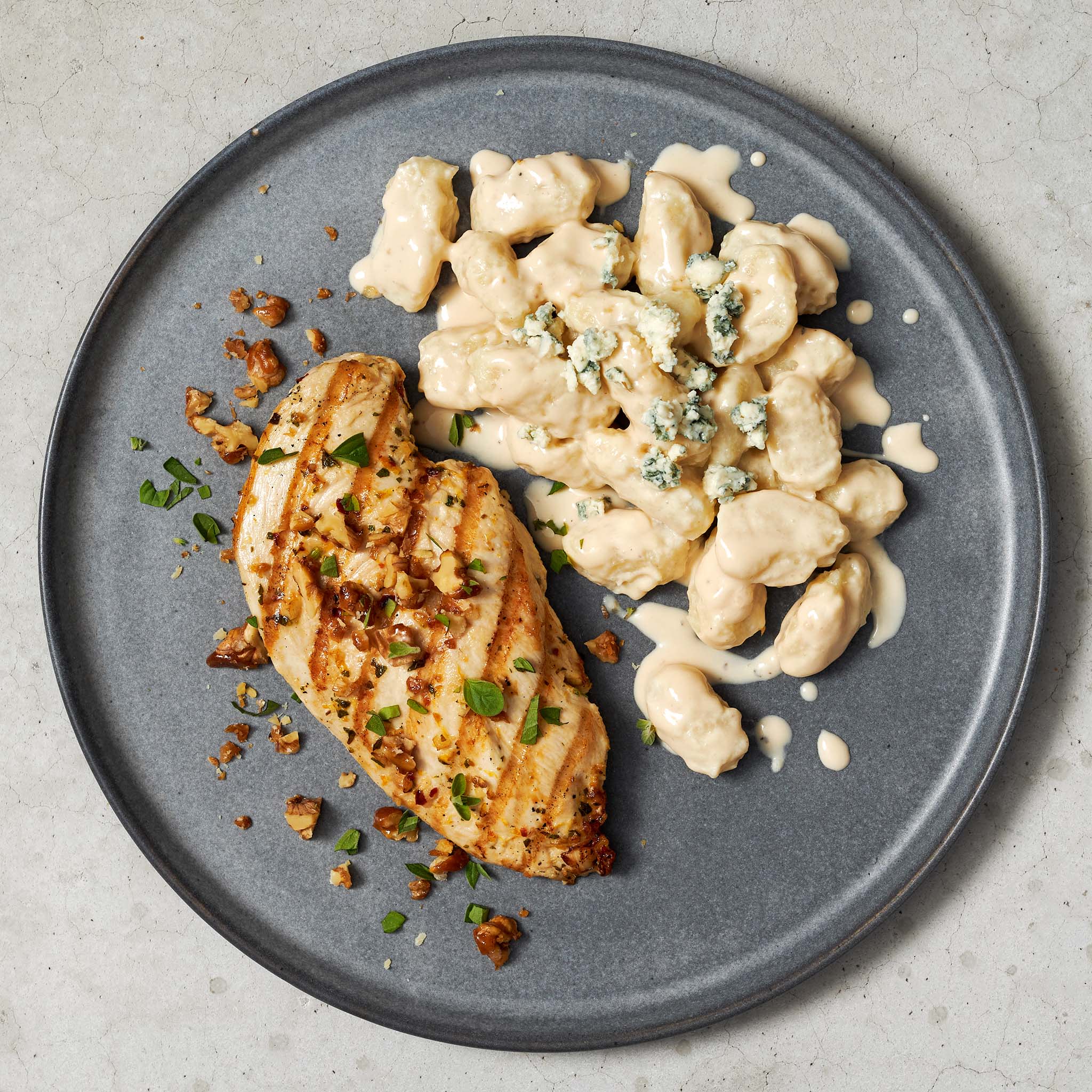 4308 WF PLATED Grilled Spicy Chicken Breast Gorgonzola Gnocchi and Walnuts Poultry