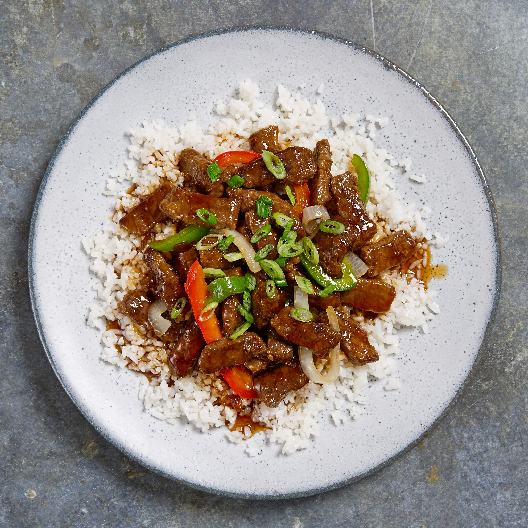 8075 WF PLATED Mongolian Beef with Jasmine Rice READY MEALS