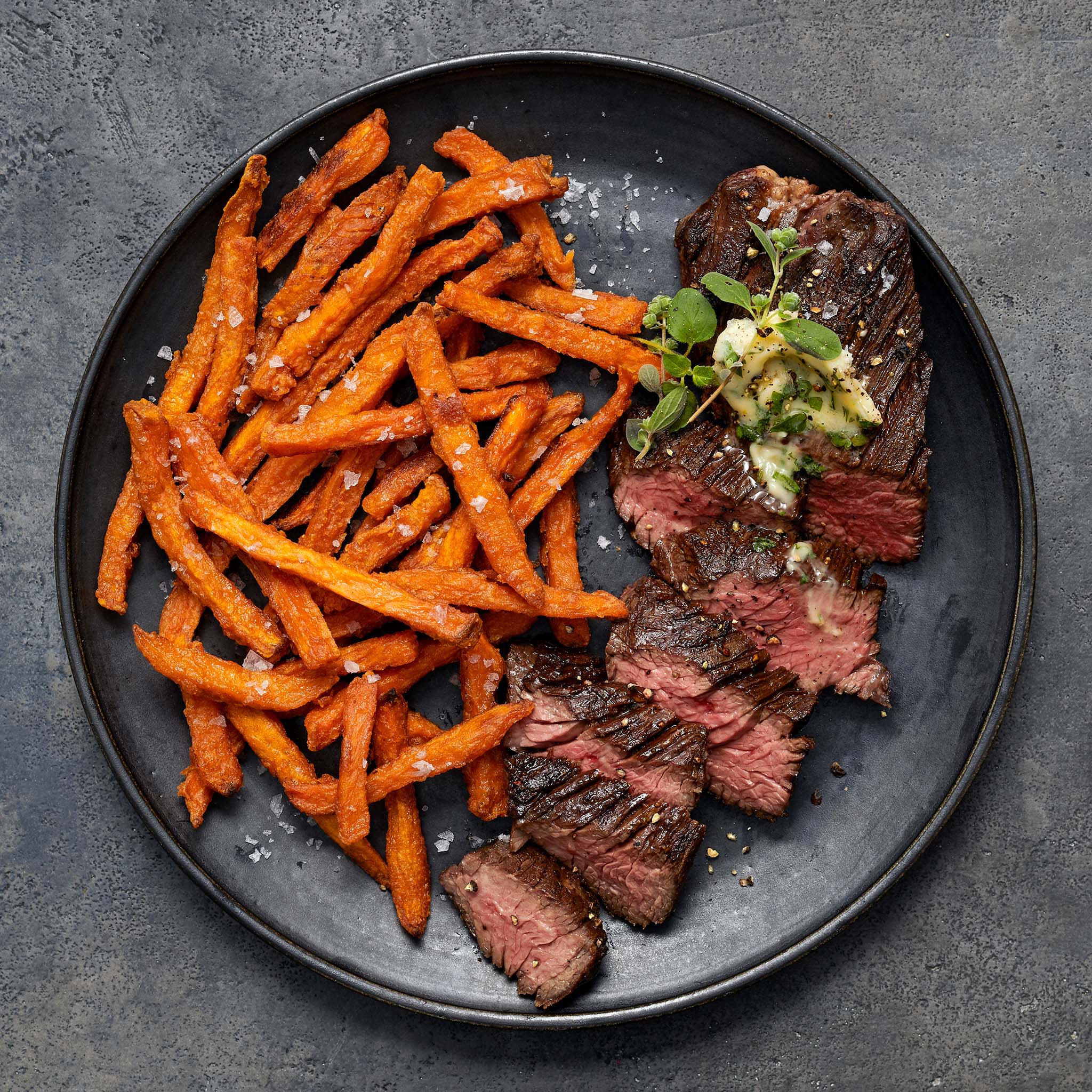 1202 WF PLATED hanger steak fries Beef