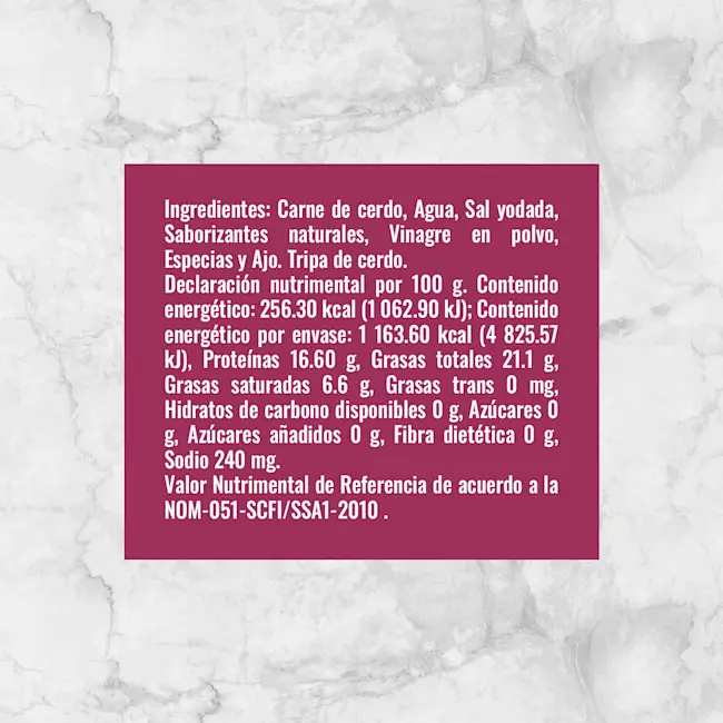 82073 SALCHICHA ALEMANA BRATWURST Info nutrimental