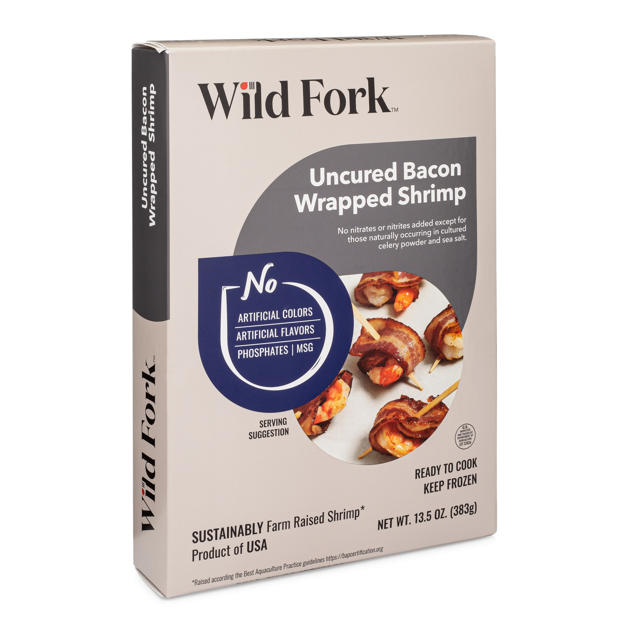 6135 WF PACKAGED Uncured Bacon Wrapped Shrimp Seafood