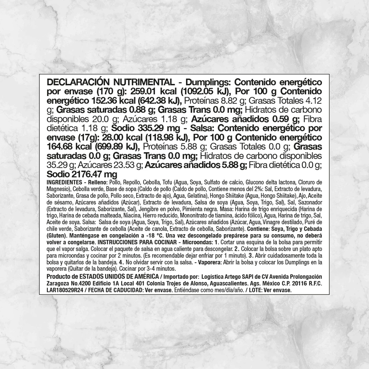 82328 DUMPLINGS DE POLLO Y VEGETALES 187g Info Nutrimental