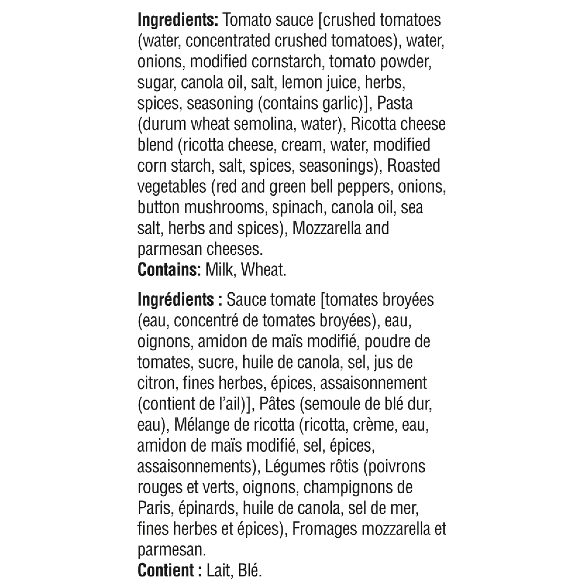 WFC 2538 ValueAdd VegetableLasagna Ingredients