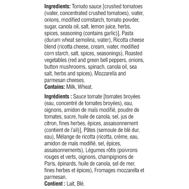 WFC 2538 ValueAdd VegetableLasagna Ingredients