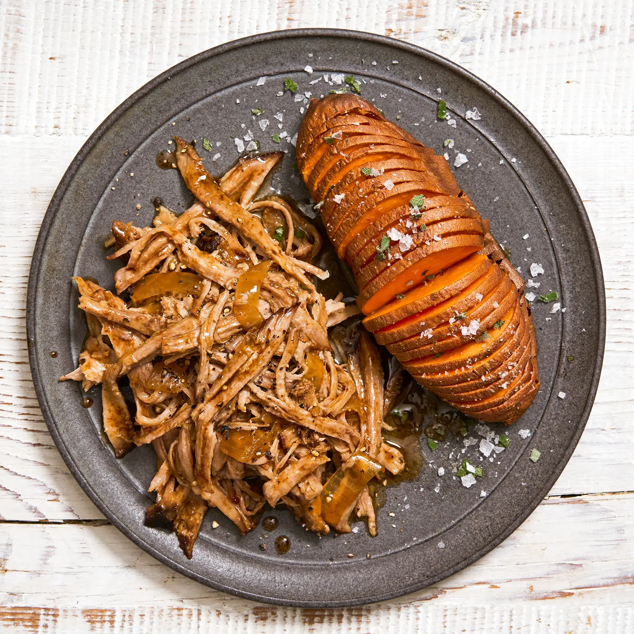 3510 WF PLATED Tamarind BBQ Pork Butt Hasselback Sweet Potato Pork