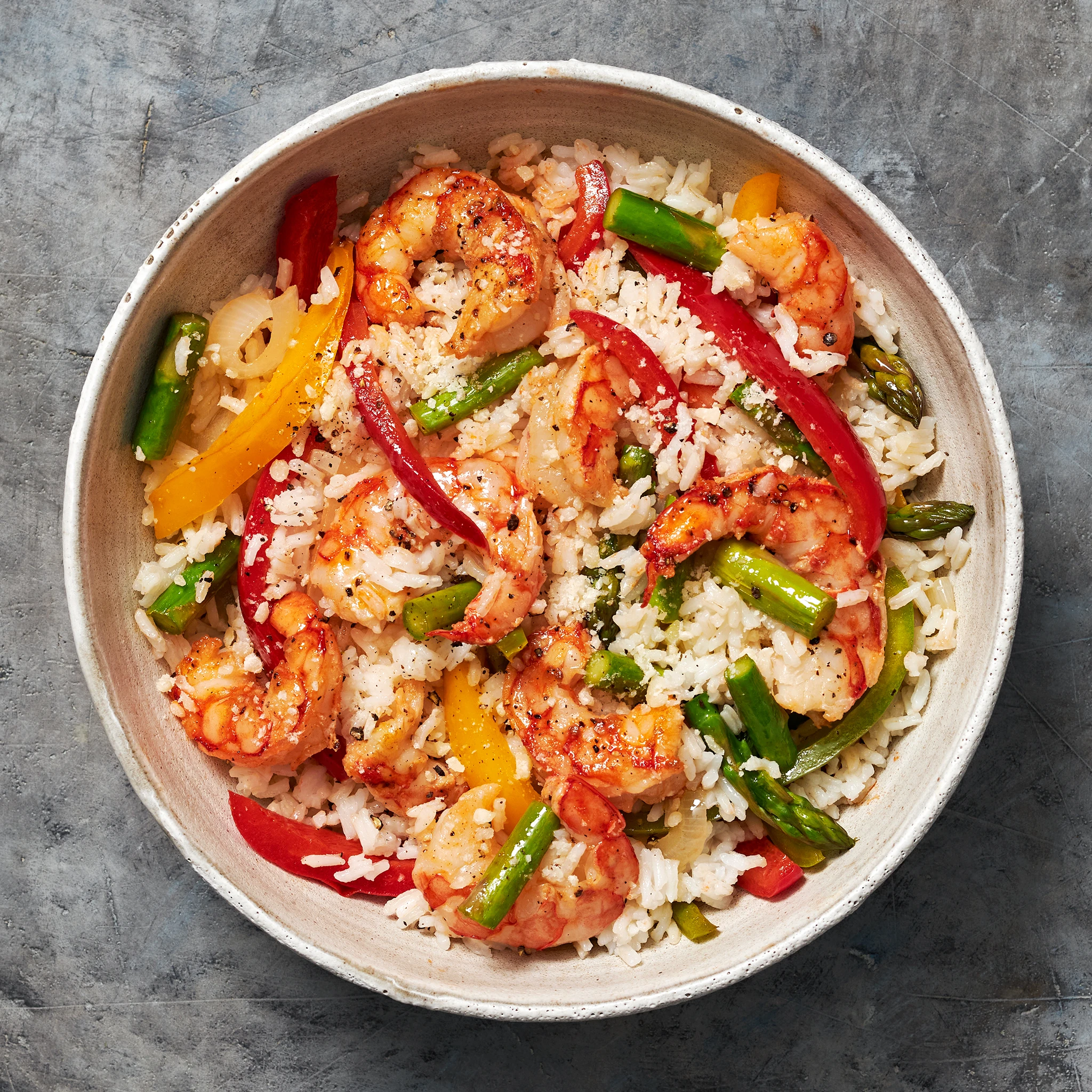 6021 6283 WF PLATED Three Pepper Rice Shrimp Asparagus Seafood