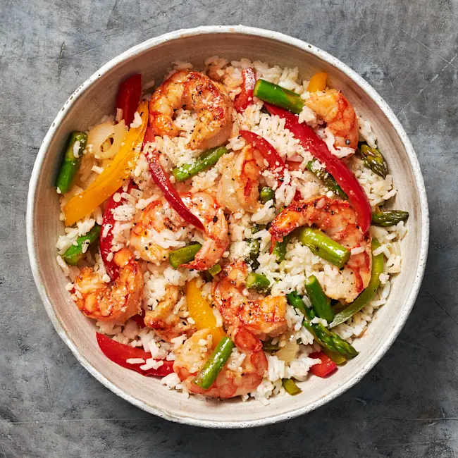 6021 6283 WF PLATED Three Pepper Rice Shrimp Asparagus Seafood