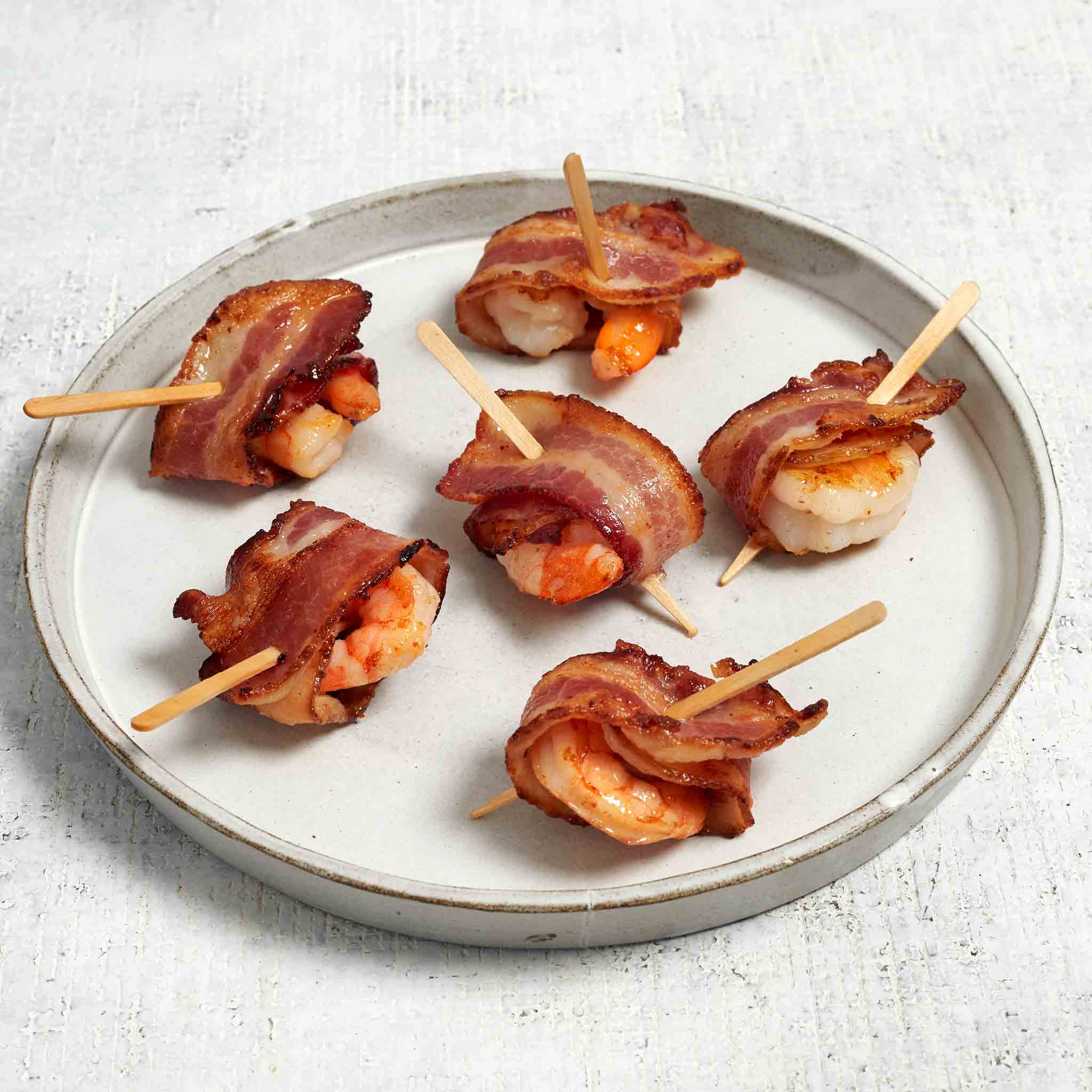 6135 WF PLATED Uncured Bacon Wrap Shrimp cooked Seafood