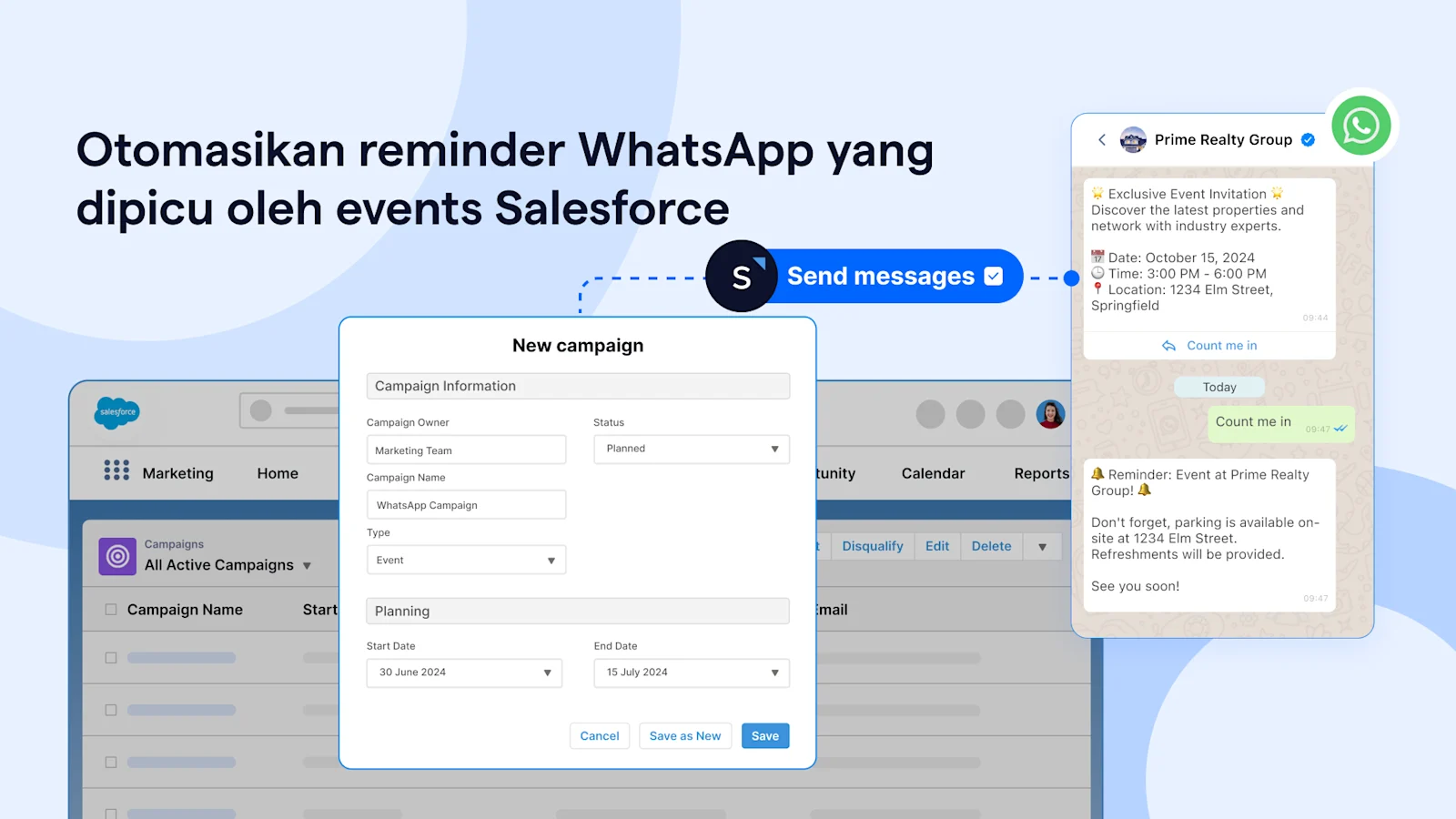 Otomasi reminder WhatsApp dipicu oleh Salesforce Events