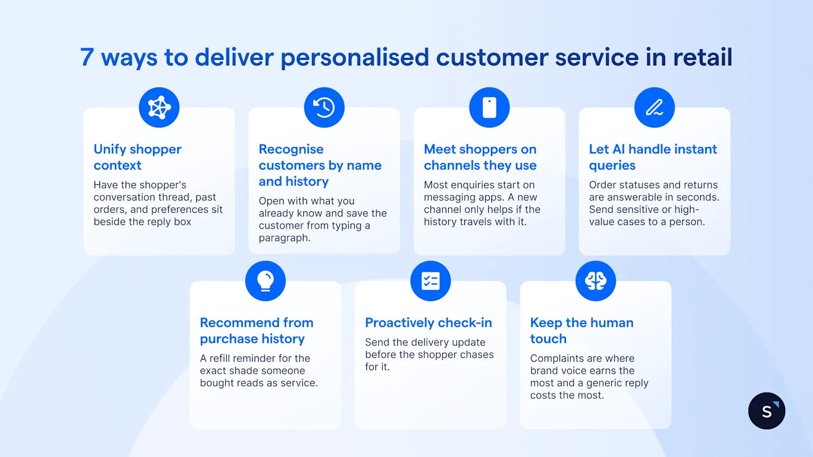 7 ways stores can provide personalised customer service: unify profiles, recognise by name, use their channels, recommend from history, proactive-check ins and human touch