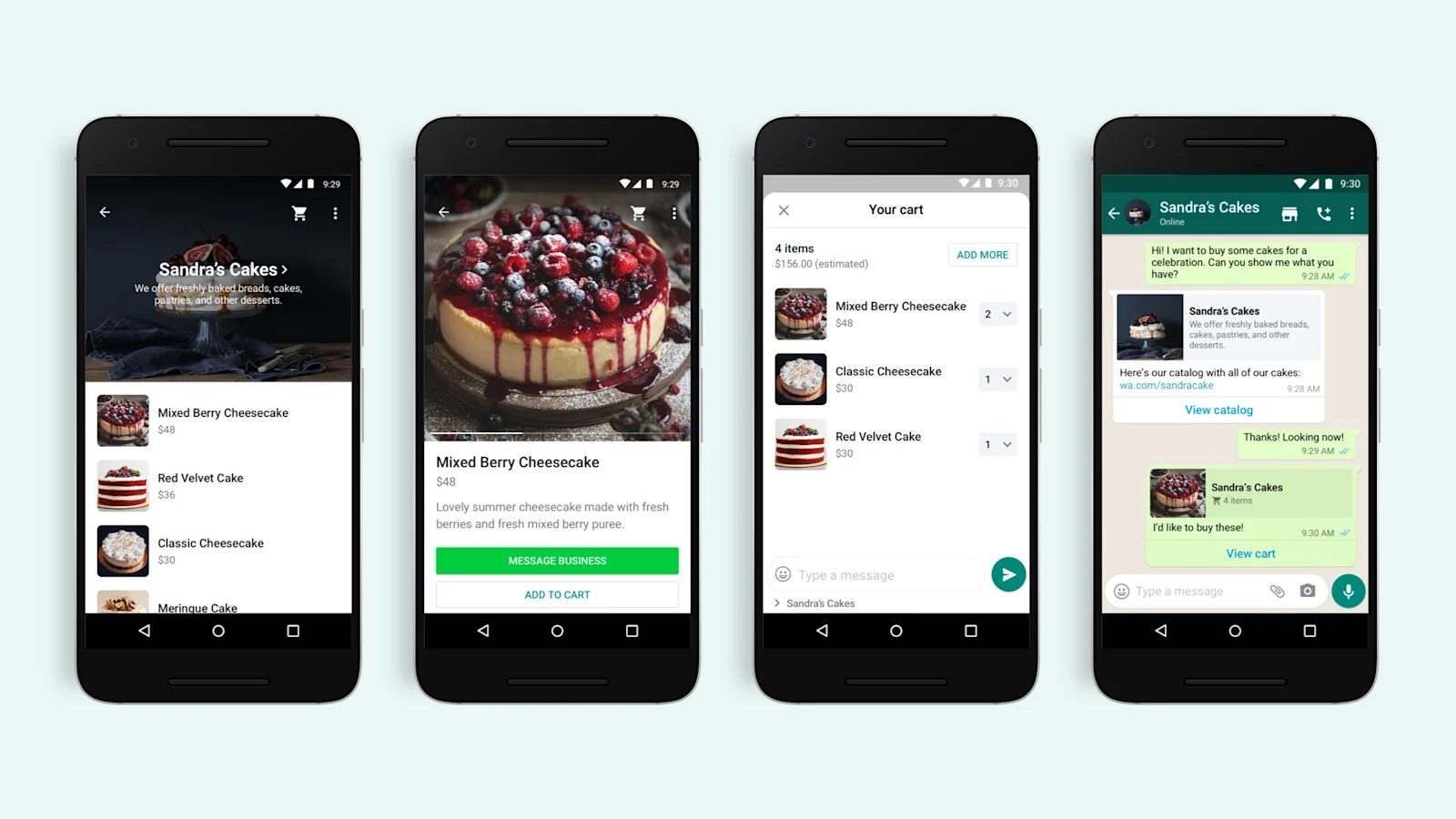 four android screens showing a product catalog, item details, cart, and chat for sandra's cakes on whatsapp.