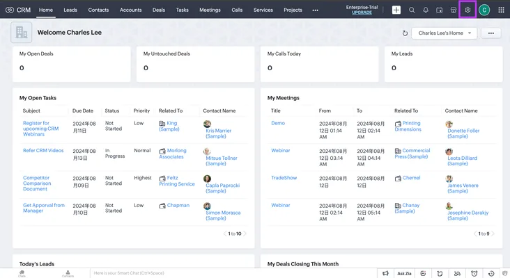 zoho crm dashboard showing open tasks, meetings, and deals