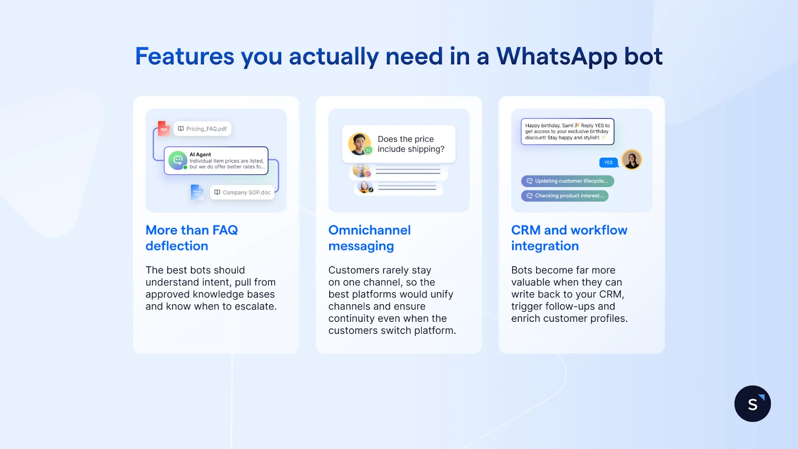 features you need in a WhatsApp bot include autonomous replies, omnichannel messaging and CRM and workflow integration