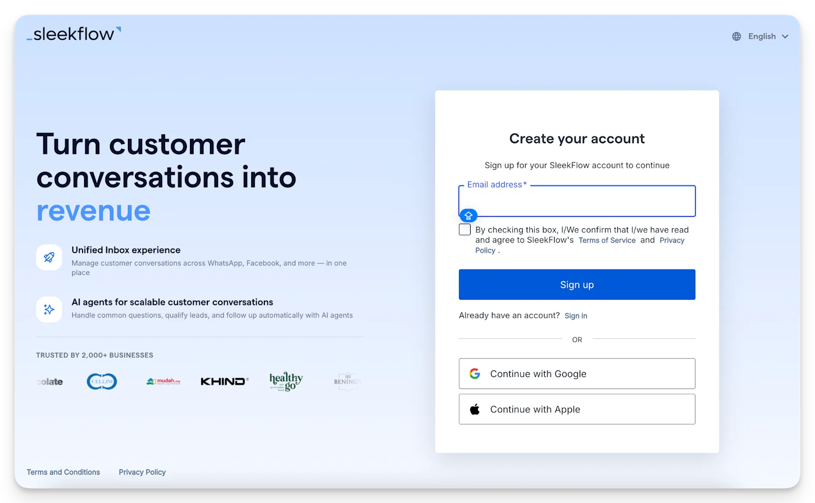 Starting the SleekFlow free trial sign-up flow