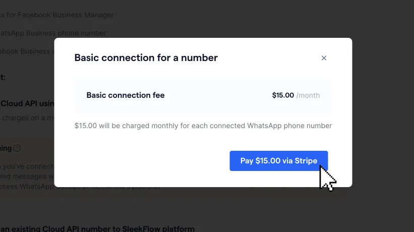 payment screen for whatsapp api connection fee