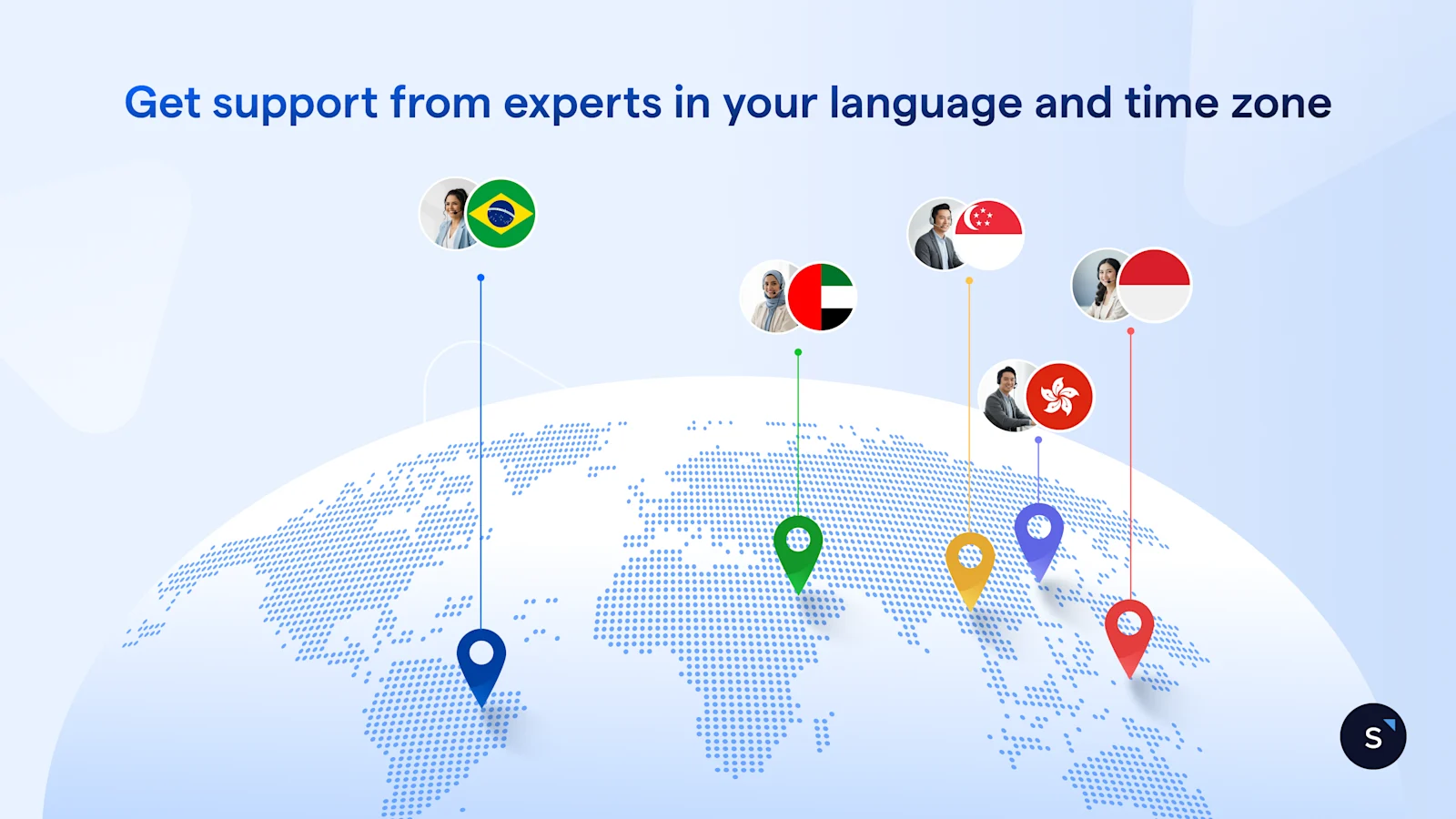 Global support network visualization highlighting SleekFlow's localized expertise in various regions and languages