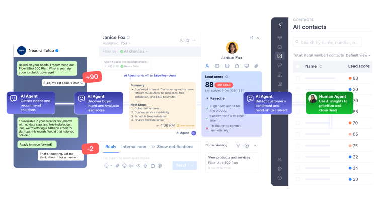 AgentFlow communicating with a prospect over WhatsApp and qualifying the lead before handing over to a human agent with internal notes